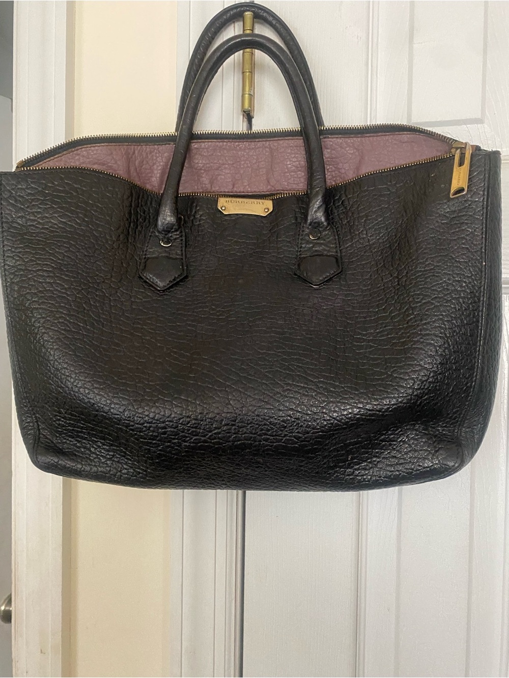 Burberry Black Leather Tote with Plum Interior and Gold Hardware